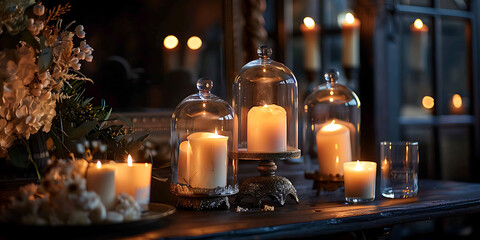 Obraz premium Warm glowing candles create a cozy and romantic ambiance in a dimly lit, atmospheric setting.