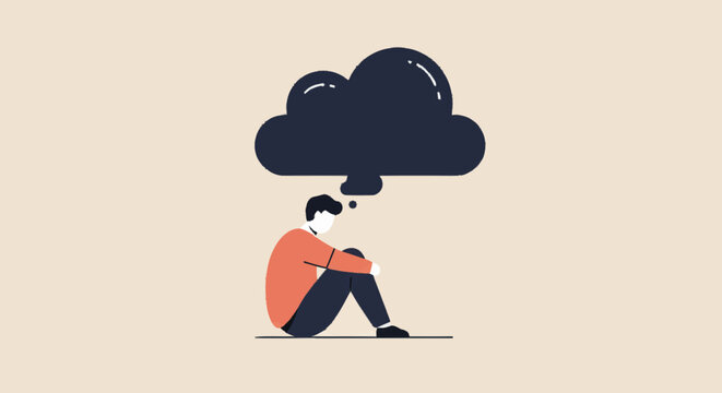 Conceptual illustration depicting a person overcome by negative thoughts and sadness, with a dark cloud symbolizing depression, anxiety, and mental health challenges
