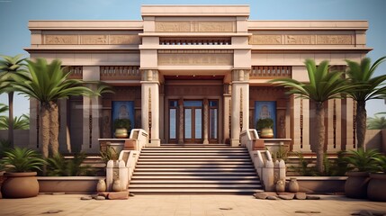 Majestic architectural design featuring grand staircase, classical pillars and lush tropical palm