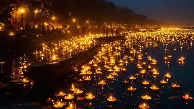 Hundreds of glowing diyas illuminate the sacred river during the auspicious kartik purnima festival a beautiful spiritual night for dev diwali guru nanak jayanti deep daan shiva vishnu