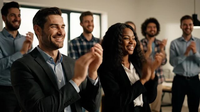 Diverse group of professionals celebrating a successful meeting moment