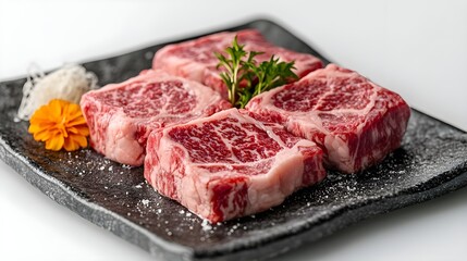 Fototapeta premium Raw Wagyu Beef Cubes on Black Plate