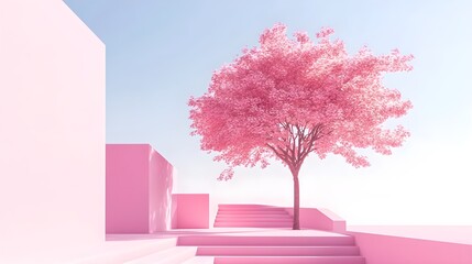 Obraz premium Pink Dreamland Minimalist Scene with Blooming Tree and Steps