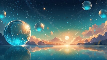 ゲーム背景　キラキラの水のオーブが浮かぶ夕日の地平線風景