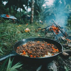Cooking Food in a Pan Outdoors on a Makeshift Stove