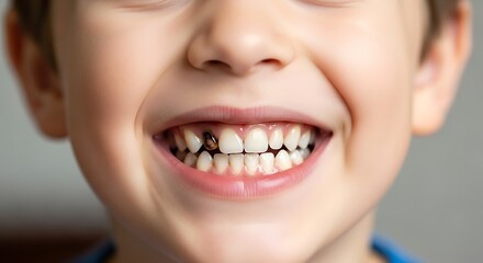 Child smiling showing loose baby teeth.