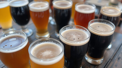 Various beer glasses filled with craft beer, set on a table, ready for a tasting experience of different beer varieties
