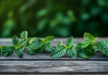 Fresh Mint Sprigs on Rustic Wooden Table