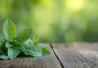 Fresh Mint Sprig on Rustic Wooden Table