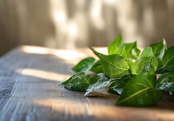 Lush Green Leaves on Wooden Surface