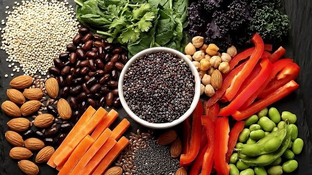 A food layout featuring quinoa black beans almonds red peppers carrots chickpeas spinach kale peas and chia seeds on a dark background