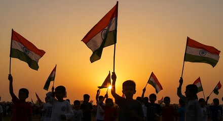 Children Waving Indian Flags at Sunrise for Independence Day