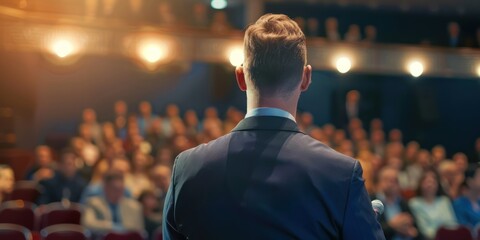 A man in a suit standing on a stage in front of a large audience.