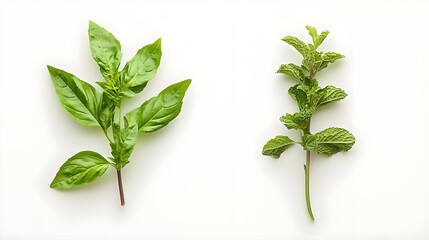 Fresh Basil and Mint Sprigs on White Background