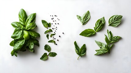 Fresh Basil, Mint, and Peppercorns on White Background