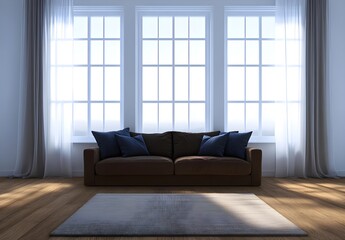 Modern Living Room Interior with Brown Sofa and Large Windows