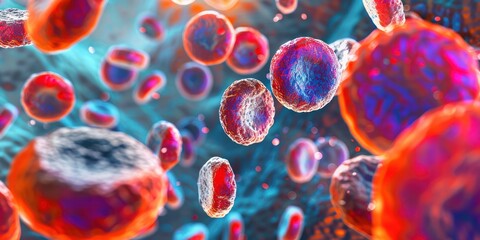 A group of red blood cells floating in a blue and green liquid with a blue background.