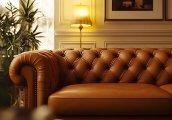 Luxurious Brown Leather Chesterfield Sofa in Elegant Room