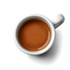 Naklejka premium Top-down view of a white ceramic cup filled with coffee, isolated on a white background