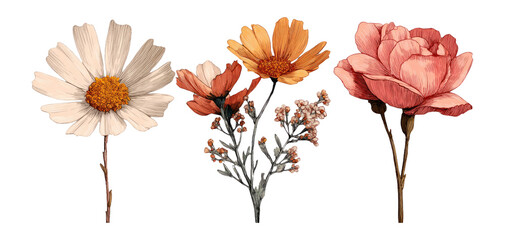 Obraz premium Detailed Illustration of Isolated Floral Elements with Various Colors and Styles