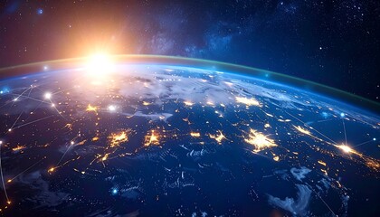 Stunning View of Earth from Space with Sunrise and City Lights at Night.
