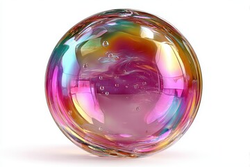 Obraz premium Iridescent soap bubble sphere on a white surface reflecting bright colors and shapes with texture, a stunning example of light refraction
