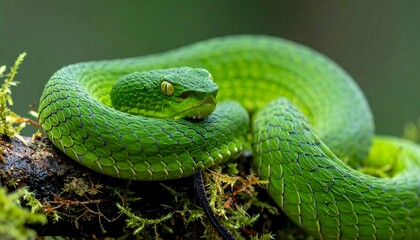 Fototapeta premium Venomous green snake coiled on a branch