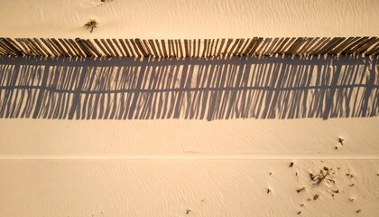 Aerial view of a wooden fence's shadow on light beige sand