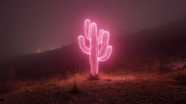 Glowing neon cactus in a desert landscape at night with foggy atmosphere