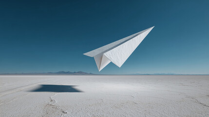 Paper airplane flying over a white plain against a clear blue sky backdrop