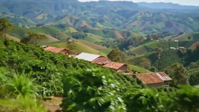 Panoramic view of rolling hills with rural structures