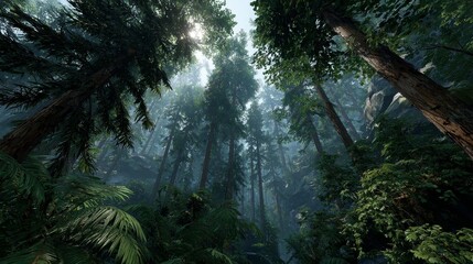 Fototapeta premium Ultra realistic Jurassic forest with towering cycads, giant ferns, ginkgo and conifer trees in humid misty jungle, sunlight filtering through dense canopy, immersive lush prehistoric vegetation scene