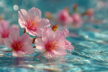 Pink dog rose flowers and green leaves floating on the bright blue water surface of a pool, summer