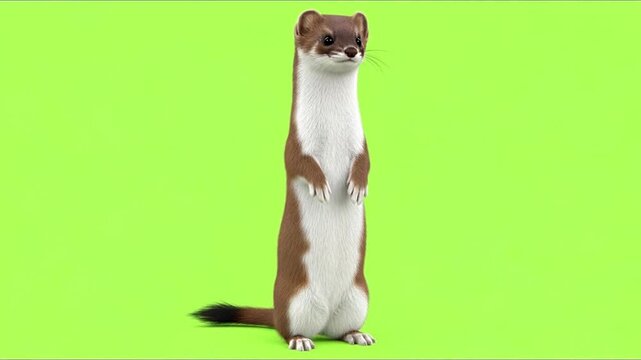 A detailed, realistic 3D render of a stoat standing upright against a vibrant green background.
