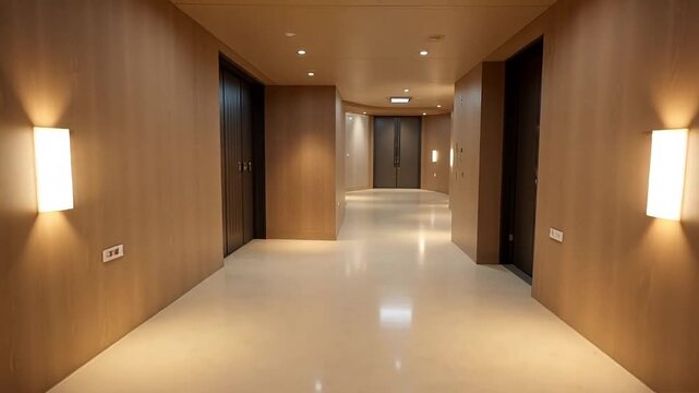 Elegant modern hallway with warm wood paneling and soft lighting creating a serene and inviting atmosphere