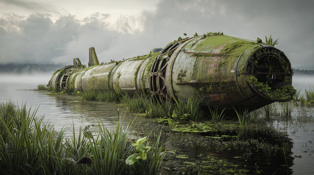 Overgrown rocket lies submerged in water surrounded by marsh vegetation