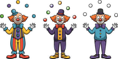 Colorful cartoon clowns juggling balls in circus performance, wearing vibrant costumes, top hats, and bow ties with joyful expressions and playful poses