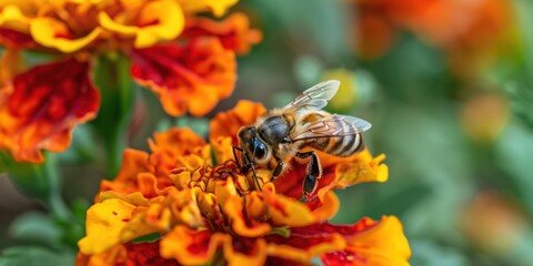 A bee on a flower in a garden with orange and yellow flowers.