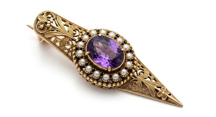 Elegant gold brooch with amethyst and pearls