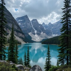 Scenic mountain landscape with clear blue lake and pine trees under cloudy sky