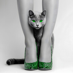 Stylized surreal cat with green eyes between legs in green high heels