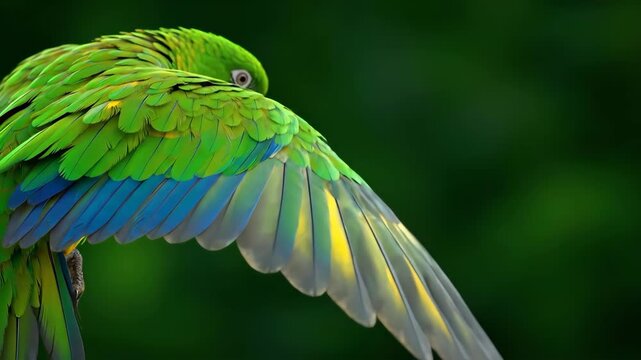 Vivid Close Up of Parrot Feathers Showcasing Vibrant Green, Blue, and Yellow Hues with Intricate Texture Details Against Blurred Nature Background, Evoking Freedom and Beauty