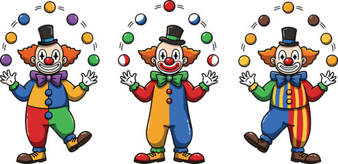 Colorful cartoon clowns juggling balls in circus performance, wearing vibrant costumes, top hats, and bow ties with playful expressions and dynamic poses