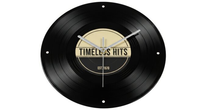 Retro vinyl record clock with 'Timeless Hits' label - Powered by Adobe