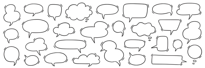 Speech bubble doodle talk set. Hand drawn comic doodle style dialog balloon, thought cloud speech bubble element pack. Cartoons speak of conversation elements. Vector illustration