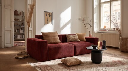 Fototapeta premium Cozy Modern Living Room with Red Sofa and Natural Light