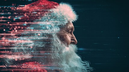 Modern santa claus posing against vibrant red holiday backdrop. Machine learning. Contemporary santa in a cheerful christmas scene. Ai collaboration. Human partnership.