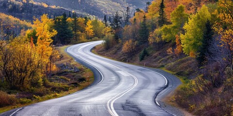 A winding road through a forest with autumn foliage, featuring a yellow and green color scheme.