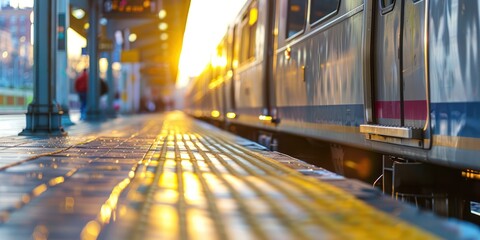 A train station with a train arriving at the platform, with a blurred background of a cityscape at sunset.