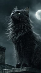 Black Cat Appreciation, majestic rooftop silhouette of long-haired feline under moonlit sky, dramatic upward gaze and soft fur details captured in ambient seasonal stillness for mystical nocturnal